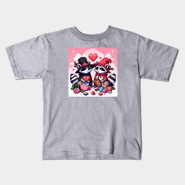 Raccoons in love pixel art Kids T-Shirt by beangeerie